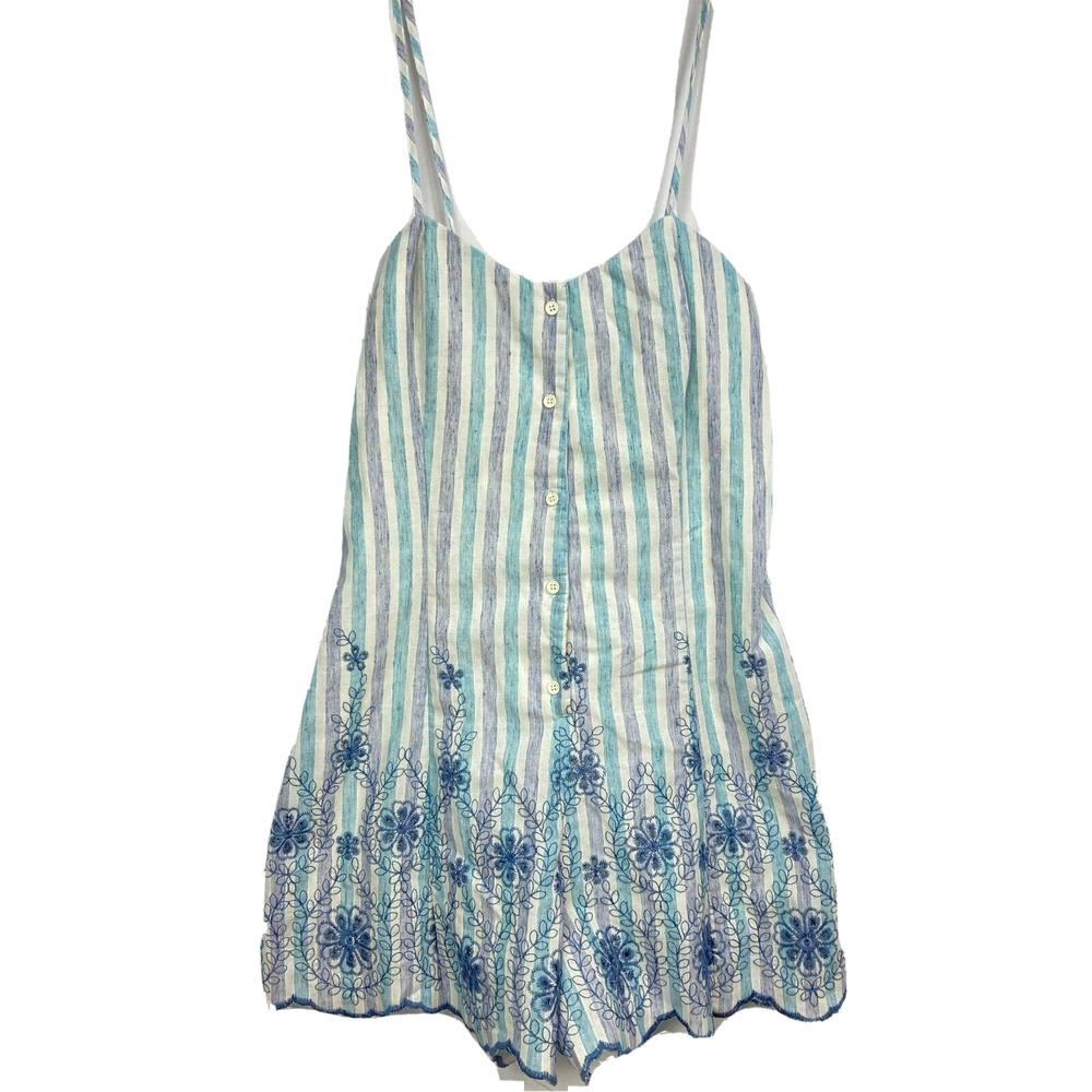 Gianni Bini Romper Womens Sz M Blue Striped Shorts Embroidered Eyelet Floral
